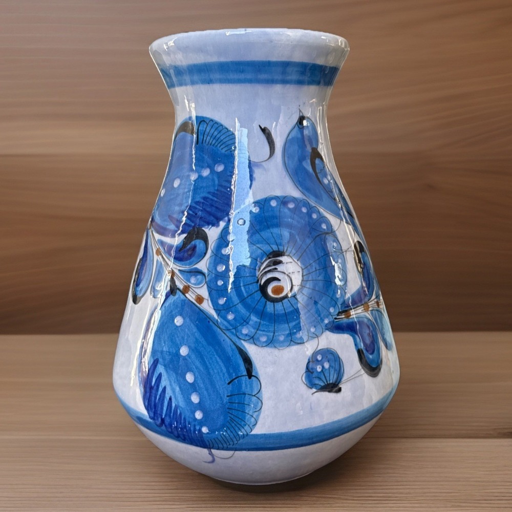 Blue Floral Tonala Mexican Ceramic Vase, 11.24"tall.  Signed‎ "AMexico" 1992